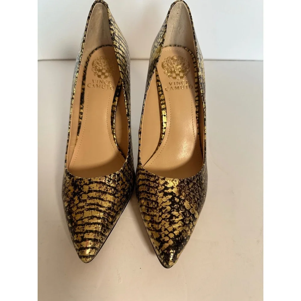 Vince Camuto Leather Gold Black Snakeskin Embossed Pointed Toe Pumps 8M NWOB